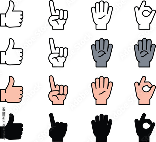 Diverse hand gestures depicted in a minimalist black and white style