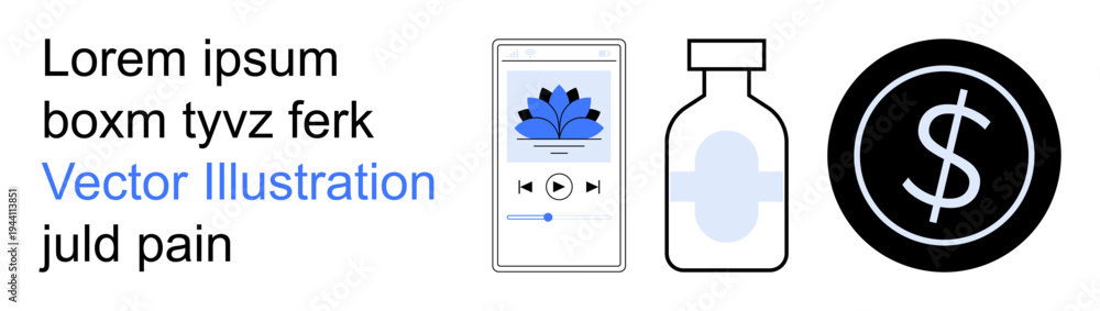 Obraz premium Healthcare, digital wellness, financial management, technology integration, online resources, modern healthcare. Smartphone screen, medicine bottle and dollar symbol. Healthcare and digital wellness