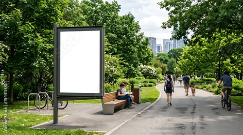 Blank outdoor advertising billboard mock-up in a vibrant green city park, ideal for showcasing your message to pedestrians and cyclists enjoying the outdoors