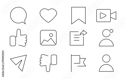 Social Media Interface Line Icon Set including Chat Bubble, Heart Like, Bookmark, Video Camera, Thumbs Up, Image Gallery, Share, User Profile, Paper Plane Message, Thumbs Down, and Flag with Editable 