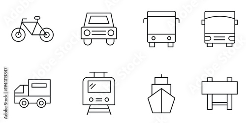 Transportation and Logistics Line Icon Set including Bicycle, Car, Bus, Truck, Delivery Van, Train, Ship, and Road Sign with Editable Stroke