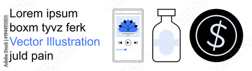 Healthcare, digital wellness, financial management, technology integration, online resources, modern healthcare. Smartphone screen, medicine bottle and dollar symbol. Healthcare and digital wellness