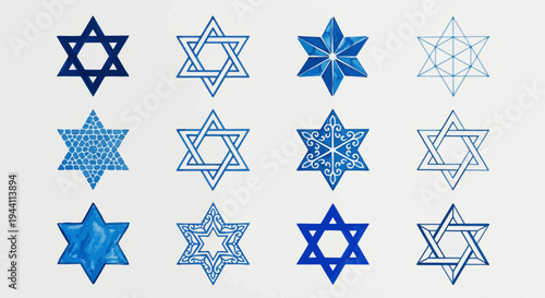 Various blue Star of David designs are arranged on a surface.