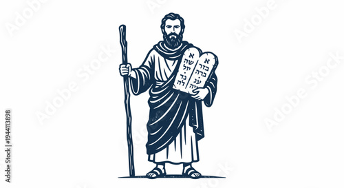 Moses holding tablets stands with a staff in a spiritual illustration.