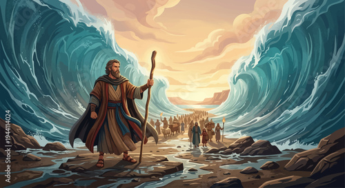 Moses leads people through waves on shore at sunset with staff