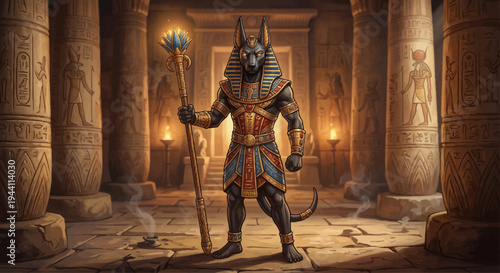 Anubis stands guard in ancient Egyptian temple with mystical staff and hieroglyphic pillars.