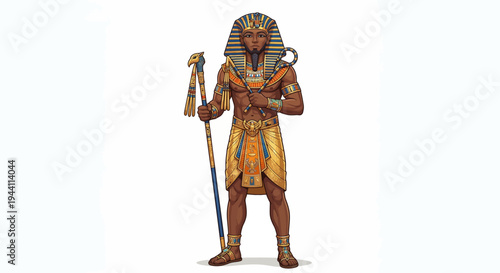 An ancient Egyptian pharaoh stands proudly with a scepter in hand outdoors.