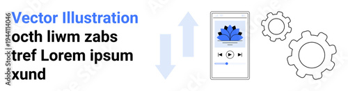 Technology, app development, user interface design, mobile applications, digital functionality, synchronization. Smartphone screen with audio playback interface and gear icons. Technology and app