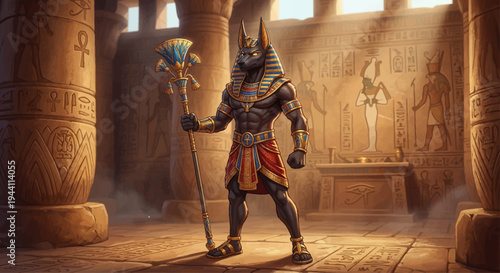 Anubis stands powerfully in ancient Egyptian temple holding staff
