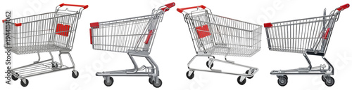 Fotografie Multiple views of shiny chrome shopping carts with red handles, symbolizing retail, commerce, and consumerism
