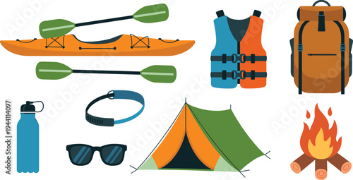 Camping and kayaking equipment collection, outdoor adventure gear set with kayak, paddles, tent, backpack, life jacket, campfire illustration