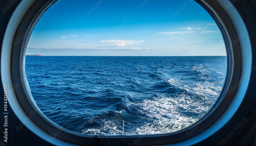Fototapeta premium blue ocean waves viewed through porthole on boat at sea