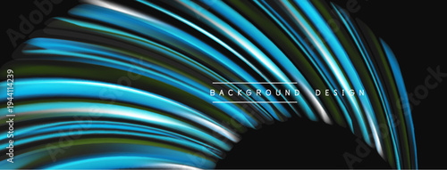 Abstract fluid lines create dynamic, colorful background. Blue, black, silver hues blend seamlessly, forming curved shapes. Modern design element.