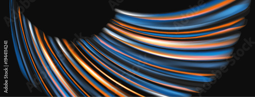Abstract flowing lines create dynamic visual impact. Orange, blue hues dominate dark background. Smooth gradients suggest movement, energy.