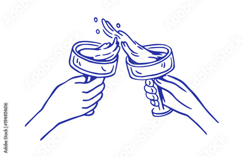 Cheers, toast with cocktail glasses clinking. Hands holding wineglasses with alcohol drink with splashes. Dolce vita party celebration in sketch style. Vector illustration isolated on white background