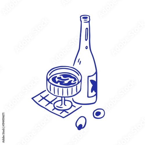 Wine drink, alcohol beverage in bottle and glass goblet. Alcoholic cocktail, outline sketch drawing. Martini chalice and olives snack serving. Doodle vector illustration isolated on white background