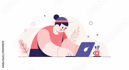 Person working on laptop with art supplies in a pink and purple abstract setting