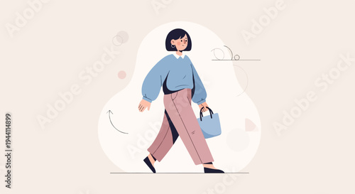 Stylish woman walking with shopping bag, abstract background, minimalist art
