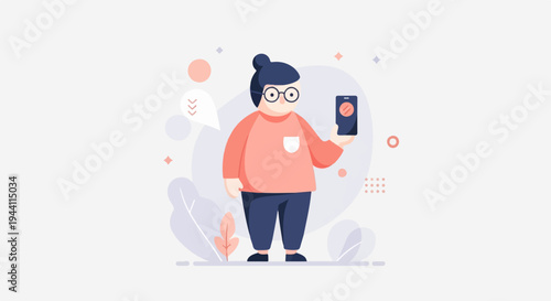 Character with phone and abstract shapes