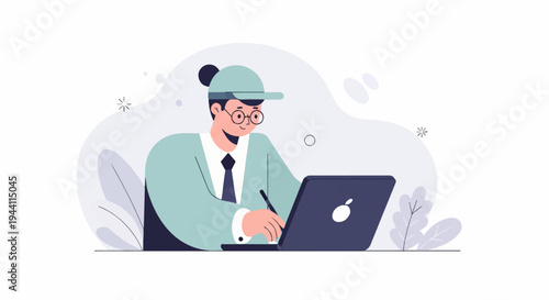 Young person wearing a cap and glasses, focused on a laptop