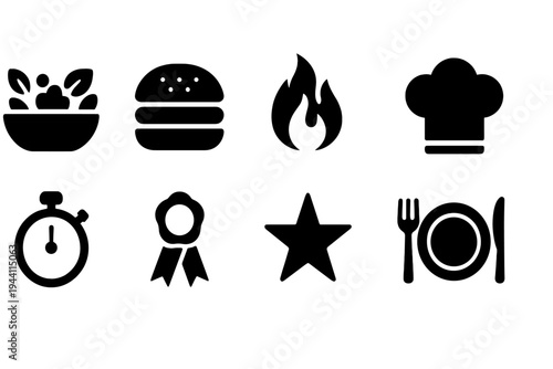 Food and cooking silhouette icon set. Kitchen, culinary, restaurant icons collection