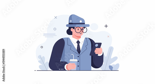 A person wearing a hat and glasses holds a phone and a drink