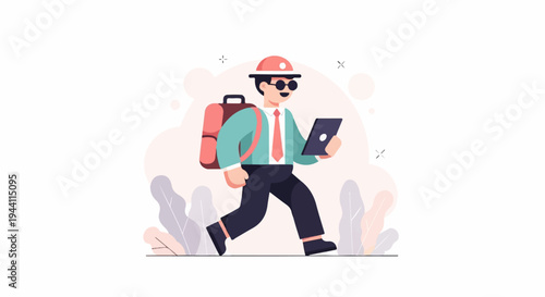 Man with backpack and tablet walks past plants