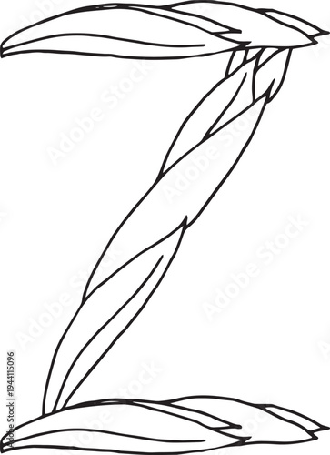 eps Doodle style letter Z drawn with tea leaves. Hand drawn black line art, simple sketch, raw tea leaves arranged in shape of Z, organic texture, white background