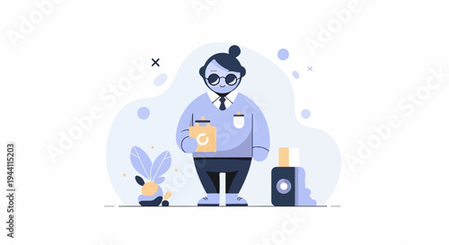 Stylized person in blue holding shopping bag and standing near luggage