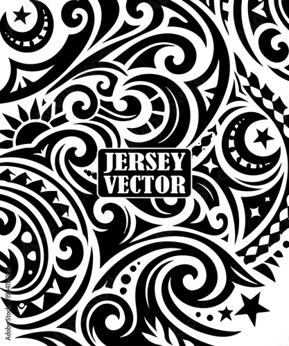 Polynesian Tribal Pattern Vector for Jersey Design, Monochromatic Seamless Black and White Tribal Swirls Decorative Pattern, fabric texture, textile pattern, Jersey template texture.
