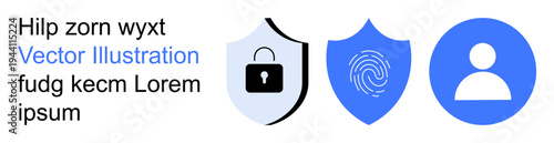 Digital security, authentication systems, privacy measures, technology concepts, identification verification, access control. Lock, fingerprint and user symbols on shield icons. Security