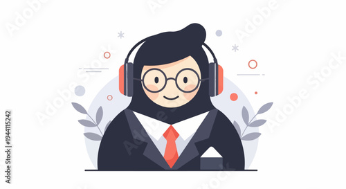 Stylized cartoon woman in headphones and suit, with abstract background elements