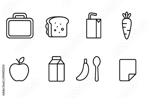 Food and drink linear icon set. Lunch, fruit, beverage, and snack line art collection