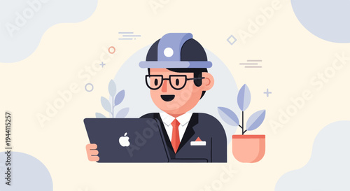 Cheerful cartoon man in hard hat & glasses works on laptop