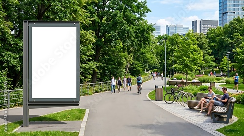 Vertical blank outdoor advertising billboard mockup positioned on a walking path in a serene city park, perfect for urban marketing and public display concepts