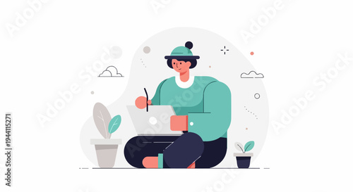 Person with laptop and plants in a minimalist flat illustration