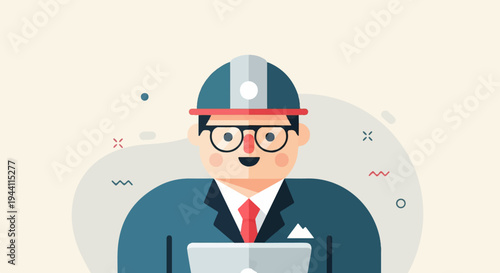 Cheerful cartoon engineer with hard hat and glasses holds laptop