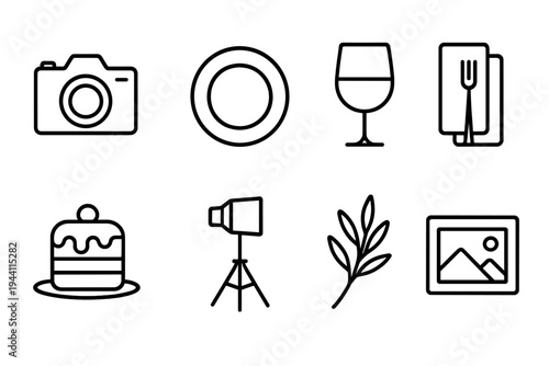 Kitchen and dining outline icon set. Cooking, food, drink, and tableware icons collection