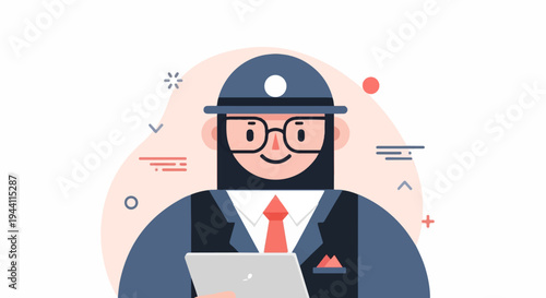 Stylized flat illustration of a smiling person with a beard, glasses, hat, and suit
