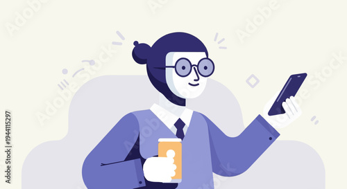Stylized figure in business attire holds phone and beverage, looking forward