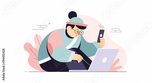 Person in traditional clothing uses laptop and smartphone, surrounded by abstract shapes