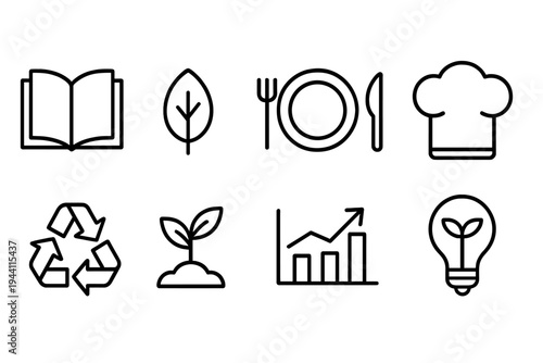 Culinary and eco outline icon set. Cooking, sustainability, growth, and ideas collection