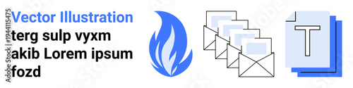 Energy consumption, communication exchange, email operations, file organization, digital documentation, and office workflow. Blue flame, envelope icons stacked papers and letter T. Energy