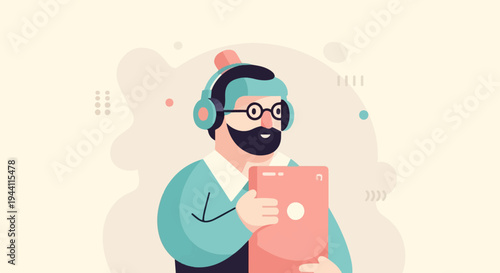 Person with headphones and tablet in abstract geometric background