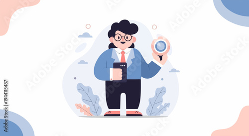 Flat illustration of a person with glasses holding a phone and magnifying glass