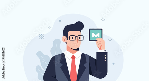 Confident businessman in suit holds up a tablet with a stylized M