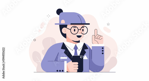 Excited person in glasses and hat with phone, raising index finger