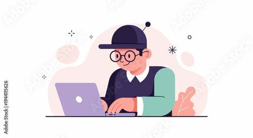 Cartoon character with glasses and cap using laptop on pastel background