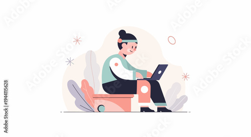 A person with a headband sits on a stool using a laptop surrounded by plants and abstract shapes