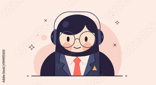 Friendly cartoon character in suit and headphones, glasses, red tie